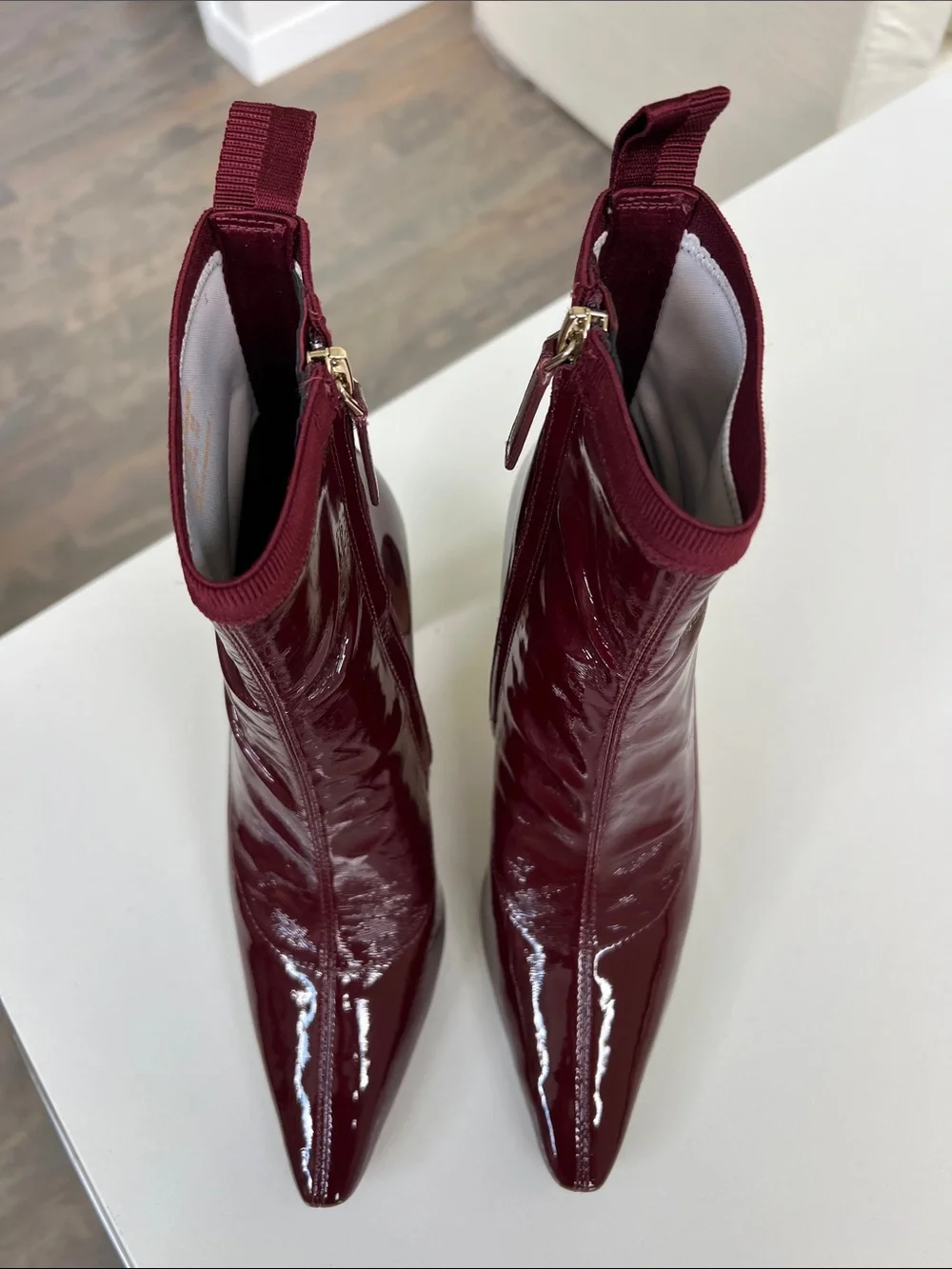 Kate Spade down under stretch patent cordovan dark red pointed toe booties ankle